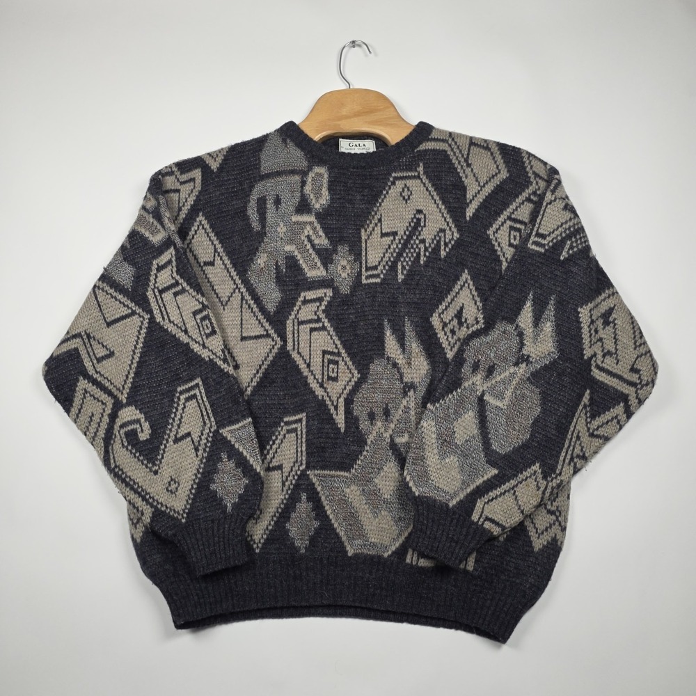 Vintage Gala Italy Sweater Men's XL Wool Alpaca Abstract Geometric 80s 90s Grey